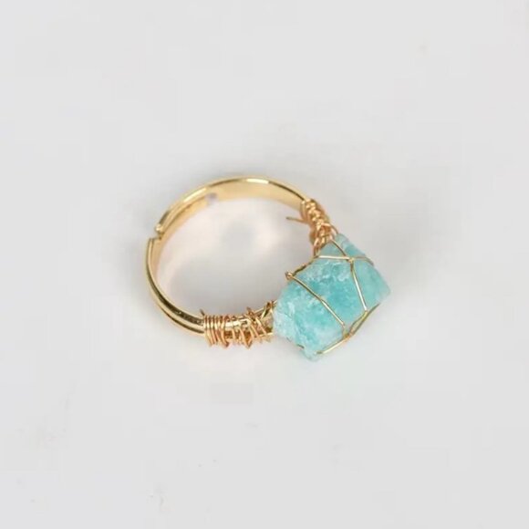 Natural Amazonite Gemstone Gold Tone Wire Wrapped Cuff Bangle and Ring Set - Picture 5 of 8